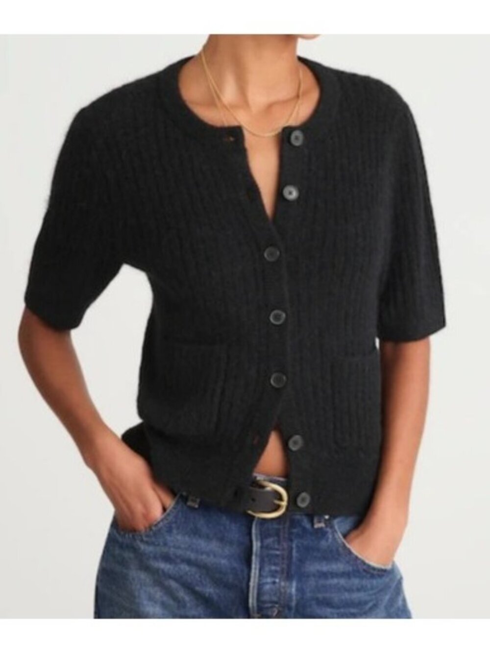 Madewell Patch-Pocket Puff-Sleeve Cardigan~Size S~True Black Sweater NWT L7 27
